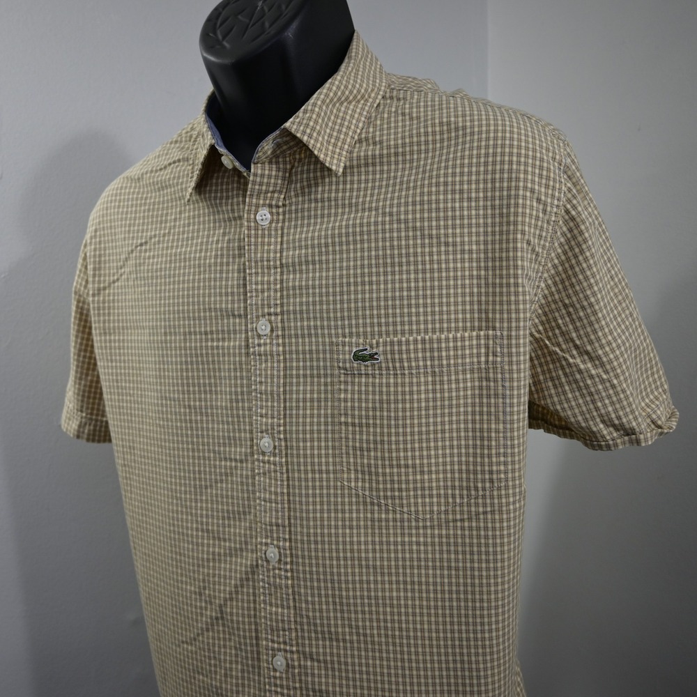 Lacoste Button Up Men 45 Regular Fit Yellow Blue Check Short Sleeve Pocket Shirt